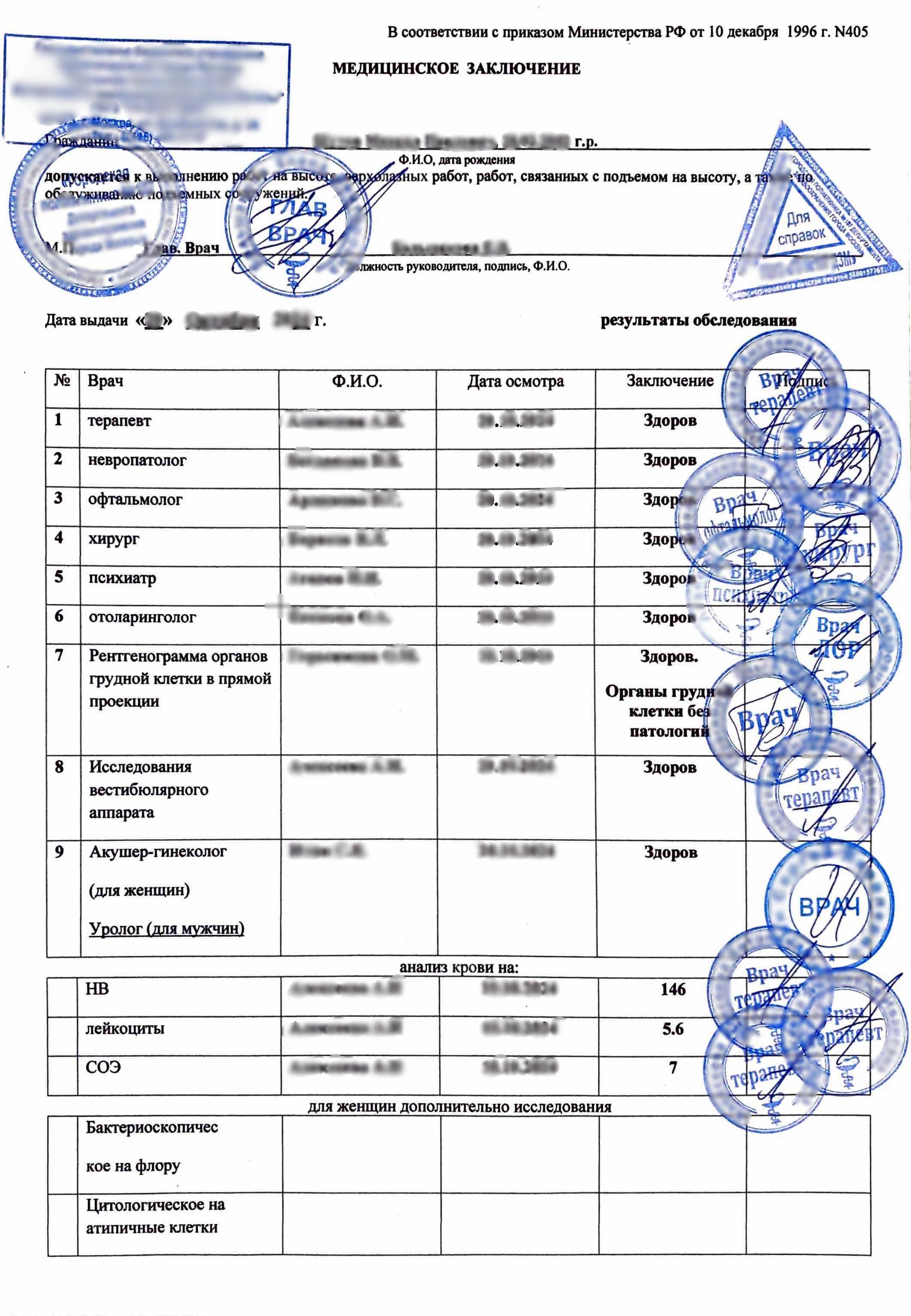 Купить медицинскую справку 405 для работы на высоте в Москве.
